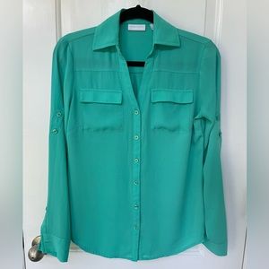 New York & Company Teal Button Front Blouse Roll Tab Sleeve Lightweight Shirt XS
